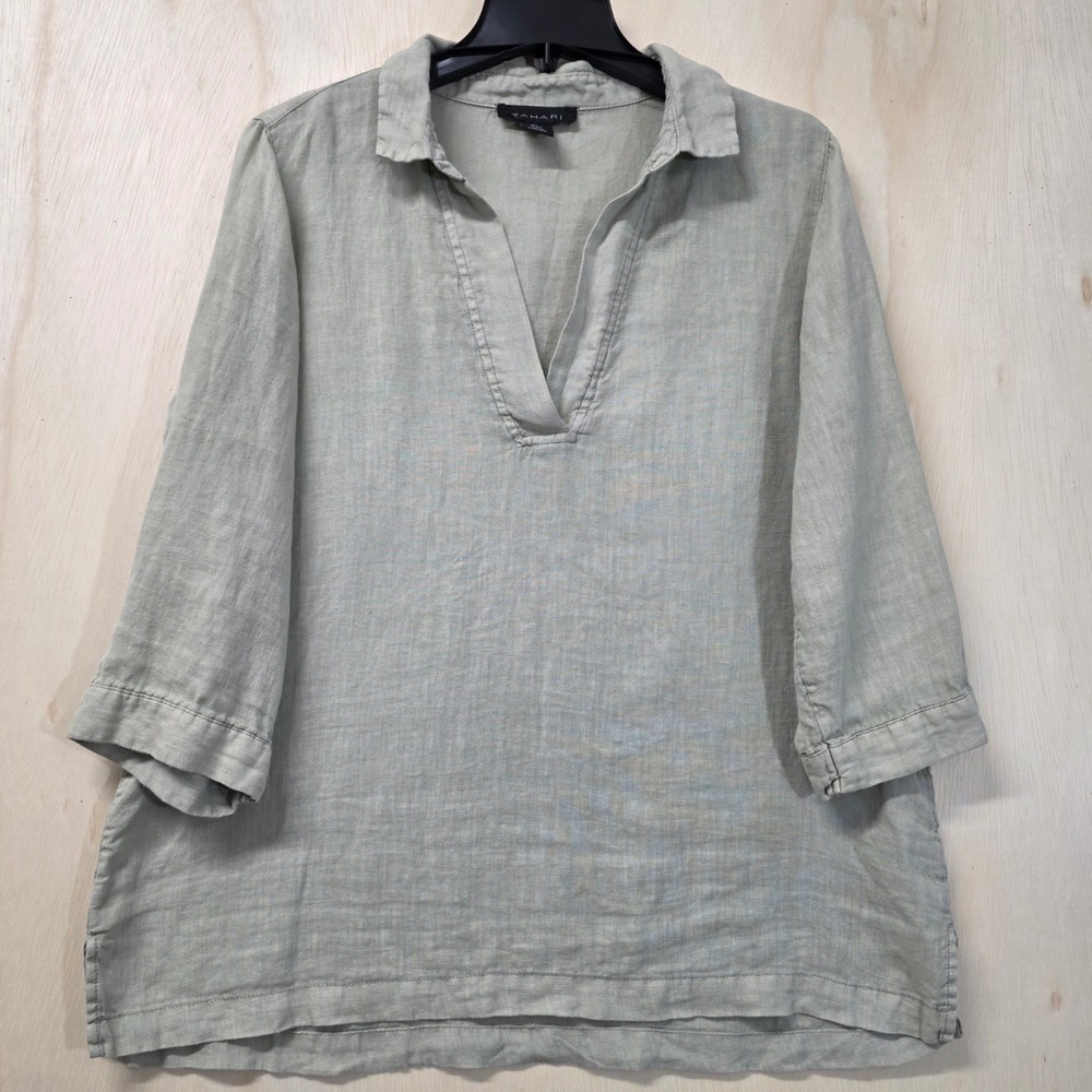 Tahari Linen Tunic Top Sage Green 3/4 Sleeve V-Neck Blouse Large - Picture 2 of 13